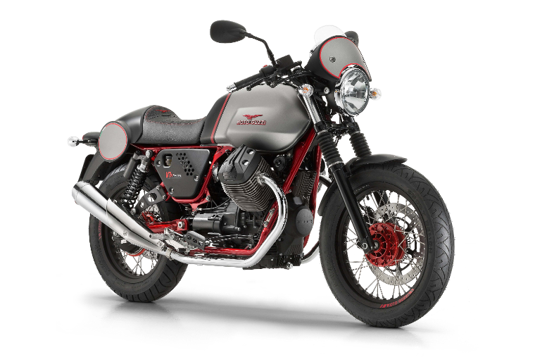 Moto modelo Racer, color gris con rojo y negro. Marca Motoguzzi