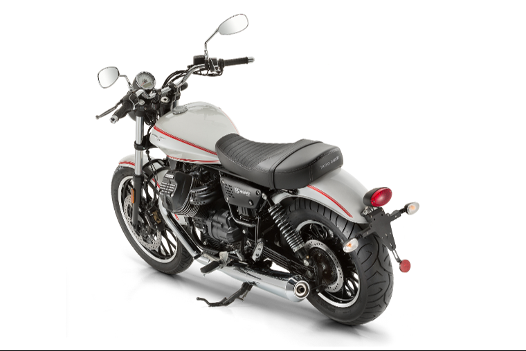 Moto modelo Roamer, color gris y rojo. Marca Motoguzzi