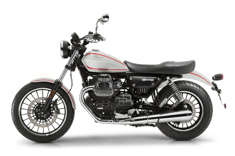 Moto modelo Roamer, color gris y rojo. Marca Motoguzzi